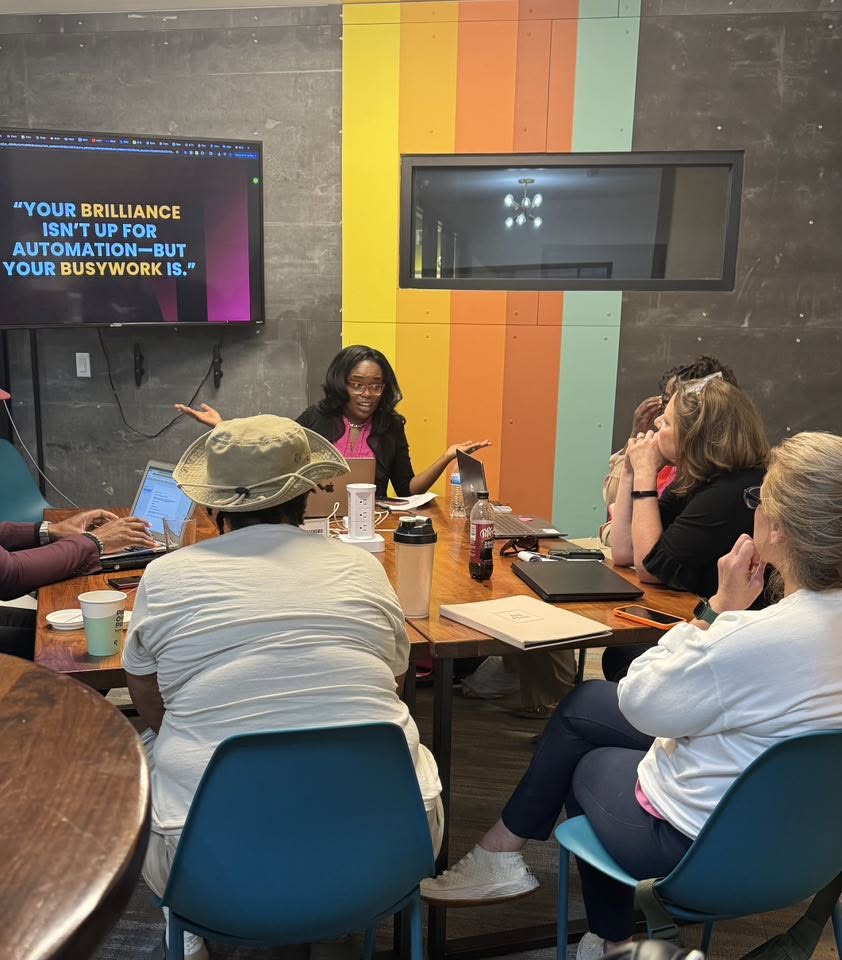 Whitney leading a small-group discussion about thoughtful automation